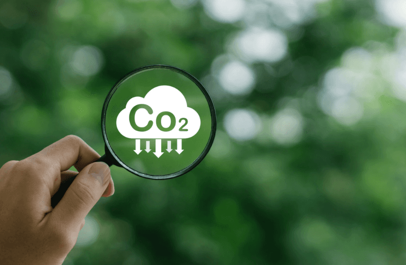 En hand håller i ett förstoringsglas riktat mot en illustation av ett moln med texten co2.