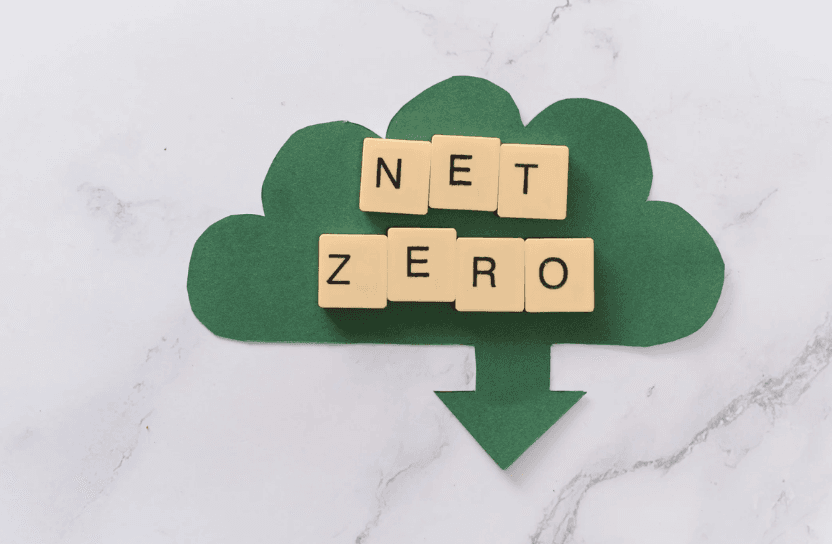 A green paper cloud with the words "net zero" in tree cubes.