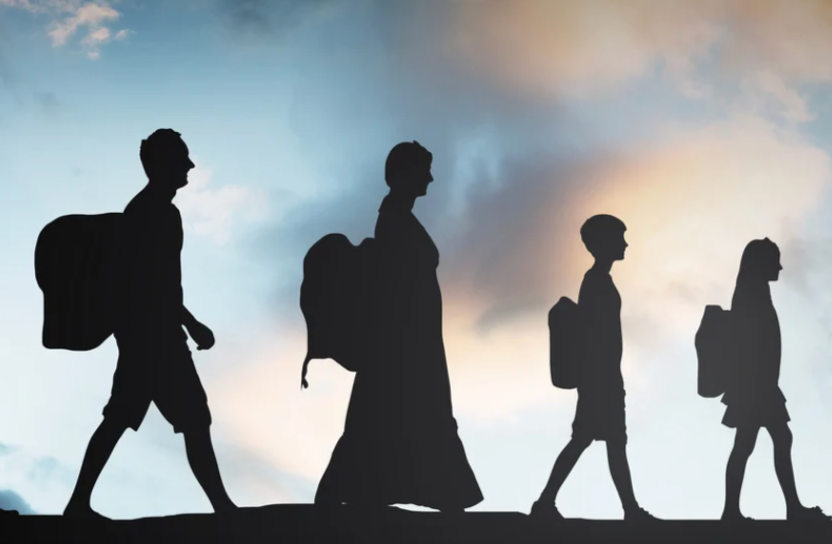 People walking with backpacks.