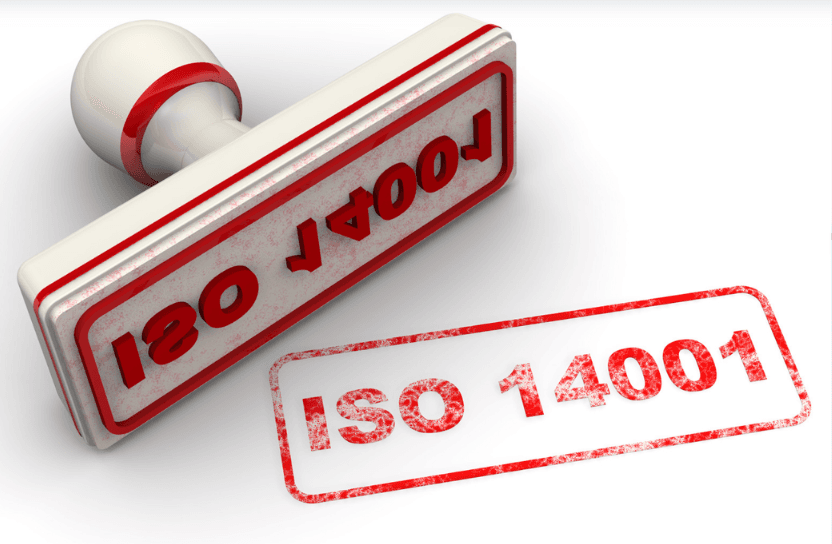 Red stamp with the words "ISO 14001".