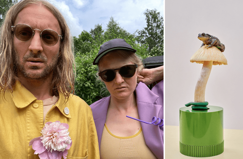 Ett kollage av en bild med två personer samt en bild med en groda som sitter på en svamp.