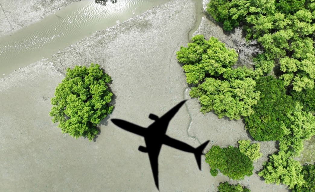 Siluetten av ett flygplan mot marken.