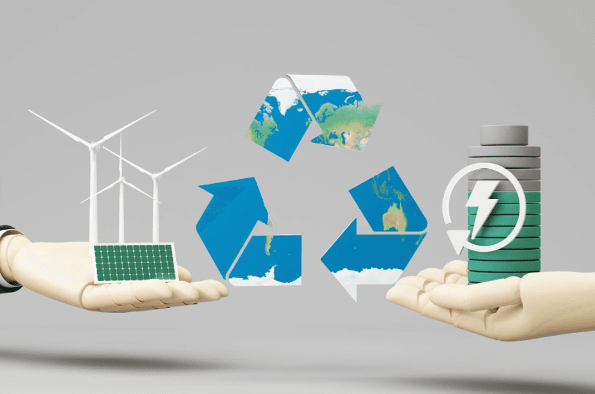 Two hands are holding wind turbines a battery, in between them a recycling symbol.