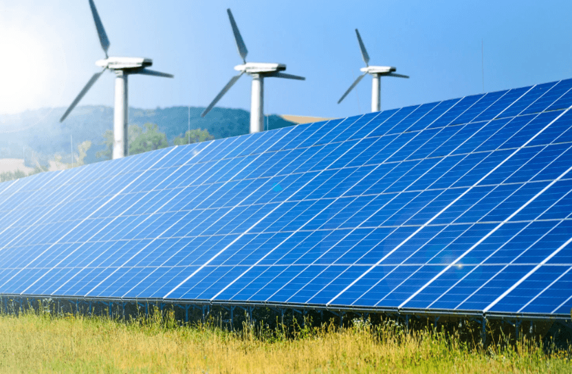 Wind turbines and solar cells.