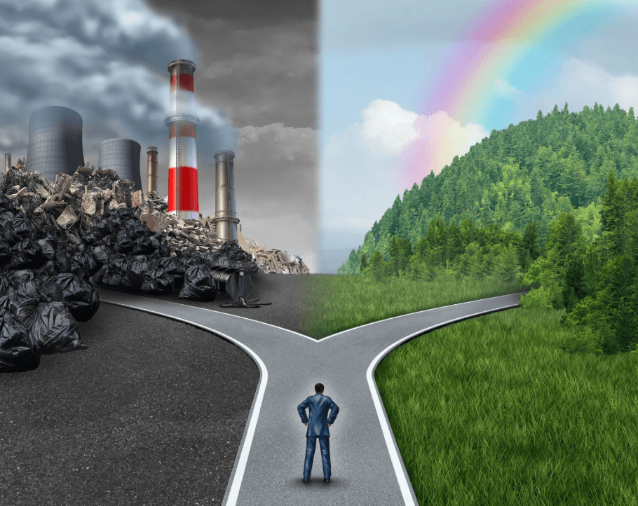 A digital image showing a man at a crossroads, choosing between darkness & trash, or green nature & a rainbow.