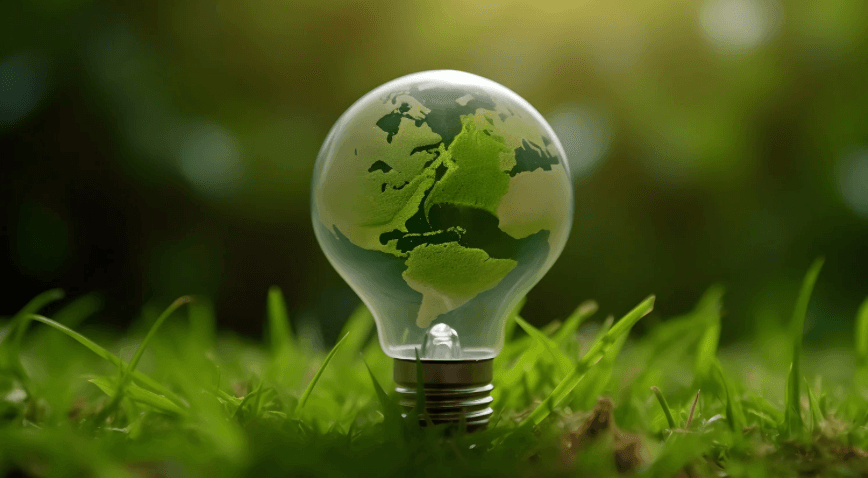 A light bulb with an earth projected onto it on a lawn.