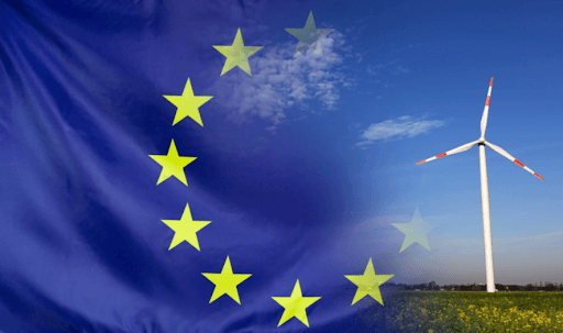The EU flag, blue sky and green fields.